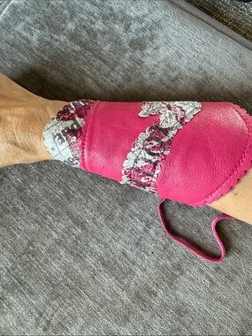 Pink Leather Wrist Cuff Glove with Silver Floral Accent